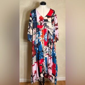 Orientique Womens Floral Hi-Lo Lounge Boho Artsy Pullover Maxi Kaftan Dress|Sz:L